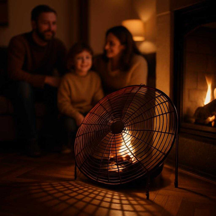 Beskyttelsesrist i Metal - Praktisk og Elegant Design i Brun og Sort til Hjemmet. The brown and black metal protective grill sits securely over a glowing fireplace in a cozy living room, casting intricate shadows on the floor as a family gathers in the background.