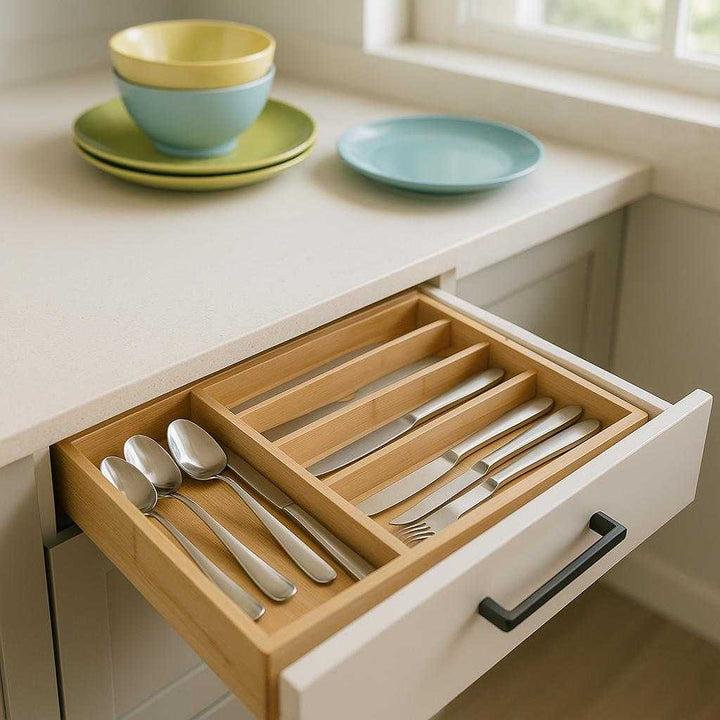 Bestikbakke i Bambus: Moderne og Bæredygtig Opbevaring til dit Køkken. The bamboo cutlery tray is neatly placed in a modern kitchen drawer, surrounded by gleaming utensils and vibrant dishware, as soft natural light streams in, creating a serene and organized cooking space.