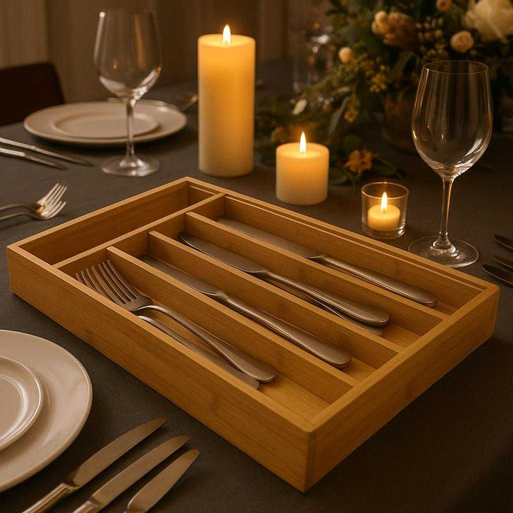 Bestikbakke i Bambus: Moderne og Bæredygtig Opbevaring til dit Køkken. The cutlery tray serves as the centerpiece on a stylish dining table, elegantly organizing silverware for a lavish dinner party, with ambient candles and tasteful decor setting the scene for an unforgettable evening.