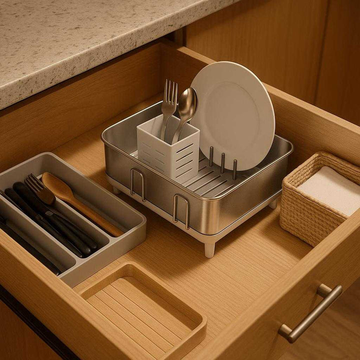 Bestikholder i rustfrit stål - Praktisk opbevaring til skuffe og opvaskemaskine - Tilgængelig i hvid og grå: A different realistic dining room setting where the Bestikholder i rustfrit stål is securely positioned inside a drawer.