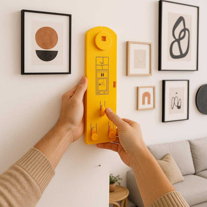 Billedophængsværktøj – Professionel og Høj Kvalitet til Nem Billedophængning. The bright yellow picture hanging tool is being used by a person to mark spots on a white wall in a modern living room, with various frames and artistic decor in progress in the background.