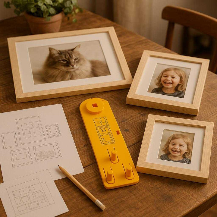Billedophængsværktøj – Professionel og Høj Kvalitet til Nem Billedophængning. The yellow tool sits on a wooden table surrounded by different sized picture frames and planning sketches in a cozy home studio, showcasing its role in organizing a photo gallery.