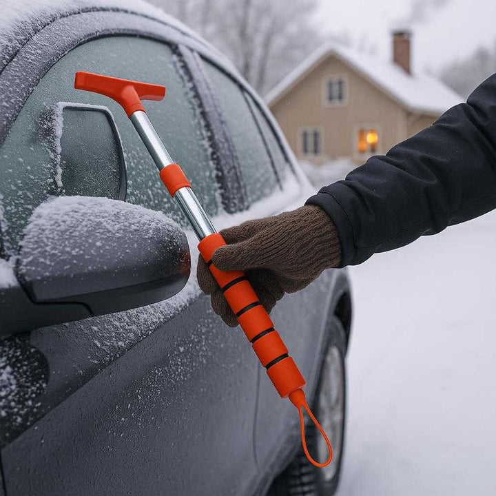 Bilspejlsskraber med teleskopisk skaft - Effektiv fjernelse af regn og sne i fem farver: A snowy driveway setting, where the product is accurately integrated, being used to clear frost off a car side mirror.