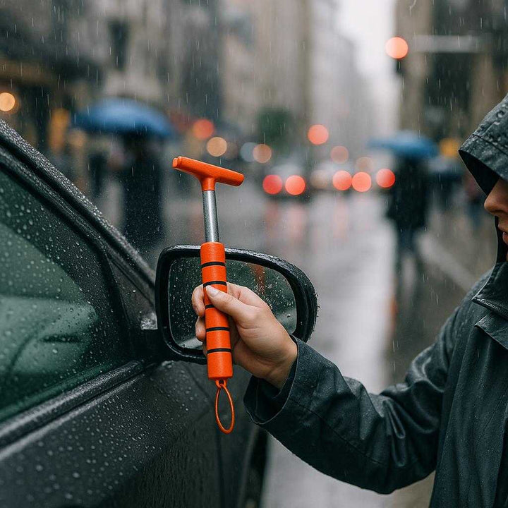 Bilspejlsskraber med teleskopisk skaft - Effektiv fjernelse af regn og sne i fem farver: A rainy urban street setting, where the product is accurately integrated, being utilized to wipe rain off a parked car's rearview mirror.