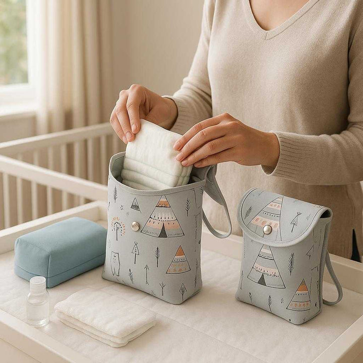 Ble Organizer i Tekstil og Syntetisk Materiale - 'Kompakt' og Let at Rengøre - Dyreverden, Blå, Sort: A realistic nursery room setting where the product is properly grounded on a changing station table, being actively used by a parent who is organizing baby items inside it.