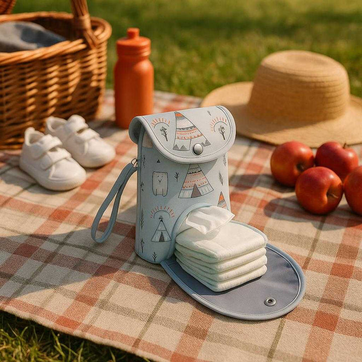 Ble Organizer i Tekstil og Syntetisk Materiale - 'Kompakt' og Let at Rengøre - Dyreverden, Blå, Sort: A different realistic family outing setting at a park where the product is securely positioned on a picnic blanket, being naturally placed among other family essentials.