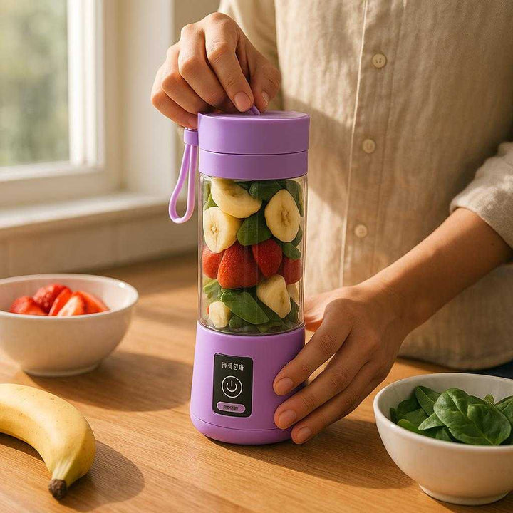 Blender bedst i test - Kompakt Mini Blender til Smoothies og Milkshakes i Lilla, Pink, Grøn og Blå - Bærbar og Effektiv: A realistic kitchen setting where the purple compact mini blender is properly grounded on a wooden countertop, being actively used by a person to blend a fresh smoothie.