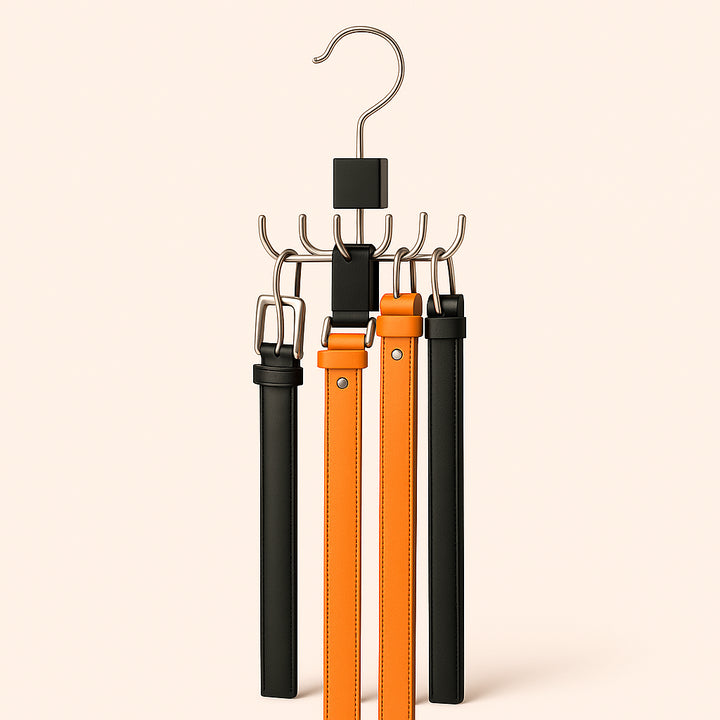 Enhanced Bælteholder i Metal med 8 Krom Kroge til Garderobe - Elegant og Praktisk Design. In a modern closet, the elegant metal belt holder is prominently displayed with eight chrome hooks neatly organizing a collection of colorful belts against a backdrop of neatly arranged clothes.