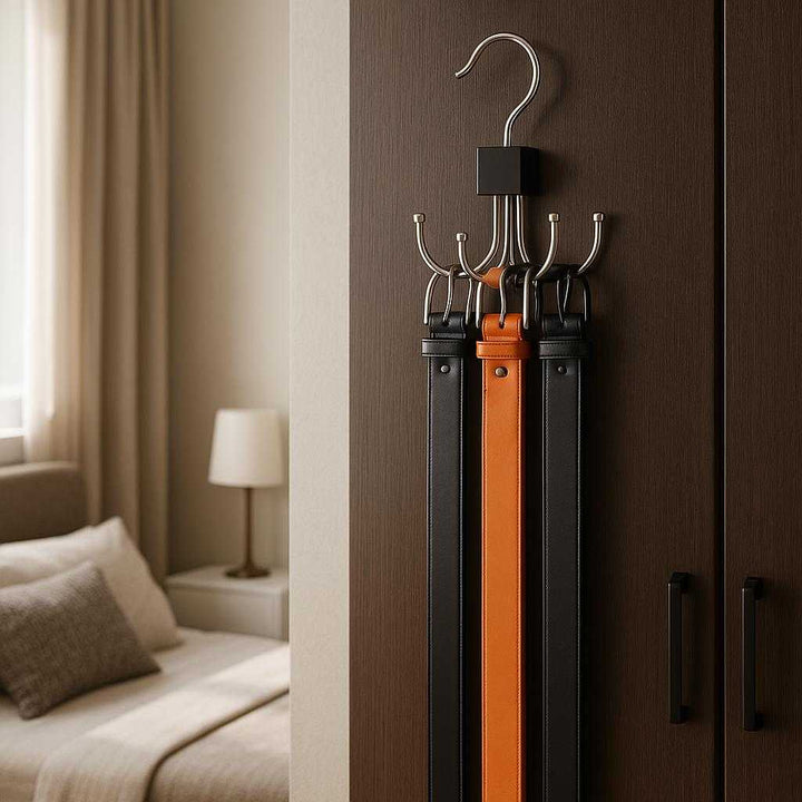 Bælteholder i Metal med 8 Krom Kroge til Garderobe - Elegant og Praktisk Design. In a sophisticated bedroom setting, the stylish metal belt holder hangs on a wardrobe door, effortlessly displaying an array of leather belts, with soft natural light highlighting its sleek design.