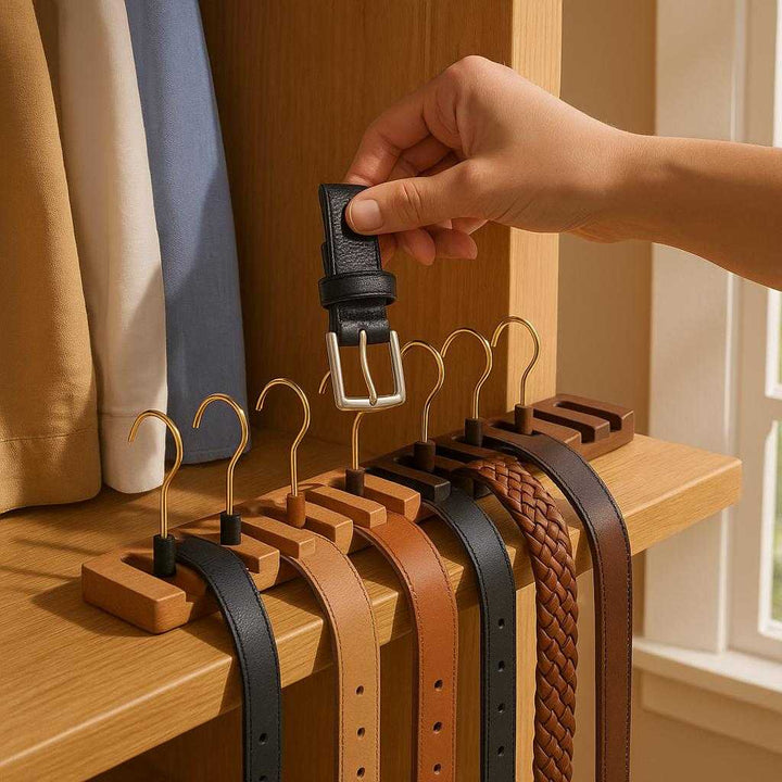 Bælteholder i træ og metal - Pladsbesparende med 12 kroge, Tilgængelig i Mørkebrun og Lysebrun: A realistic walk-in closet setting where the 'Belt holder in wood and metal - Space-saving with 12 hooks' is properly grounded on a wooden wardrobe shelf.