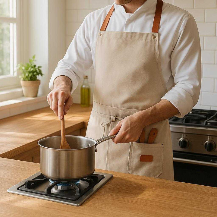 Bomuldslærred Forklæde i Beige og Sort – Justerbart Køkkenforklæde med Lommer og Robuste Stropper: A realistic kitchen setting where the beige apron is properly grounded on a wooden kitchen counter, being actively used by a chef stirring a pot on the stove, with natural lighting from a nearby window casting realistic shadows and showing clear contact points of the apron tied around the waist, with utensils partially visible in the pocket.