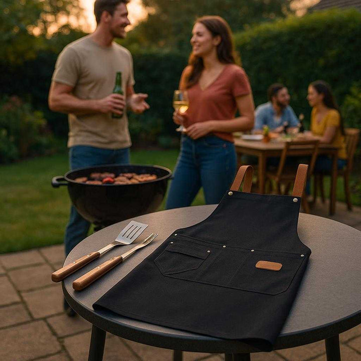 Bomuldslærred Forklæde i Beige og Sort – Justerbart Køkkenforklæde med Lommer og Robuste Stropper: A different realistic garden barbecue scene where the black apron is securely positioned on a patio table, being naturally placed next to grilling tools with customers visually engaged in conversation, creating a believable summer evening atmosphere, with proper physics, shadows, and realistic integration into the lively outdoor environment.
