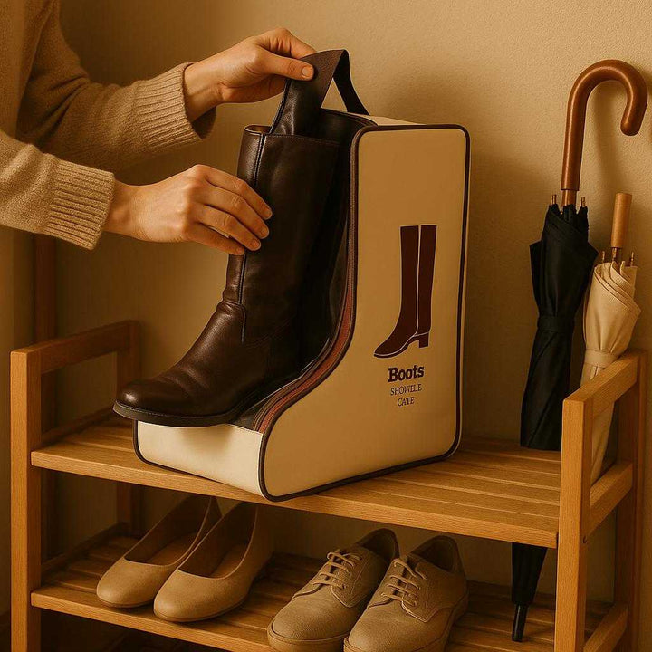 Boot Storage taske - Brun, Beige, Tekstil & Plastik, Beskyttelse Mod Støv, Let Transport: A realistic entryway setting where the boot storage case is properly grounded on a wooden shoe rack, easily accessible for a person placing a pair of boots inside.