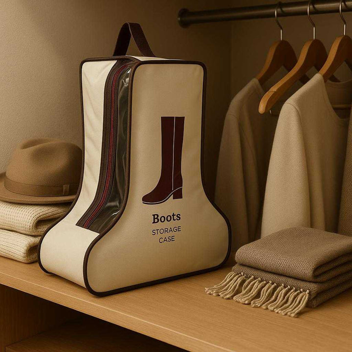 Boot Storage taske - Brun, Beige, Tekstil & Plastik, Beskyttelse Mod Støv, Let Transport: A different realistic bedroom closet setting where the boot storage case is securely positioned on a closet shelf, naturally placed among other stored items like hats and scarves.