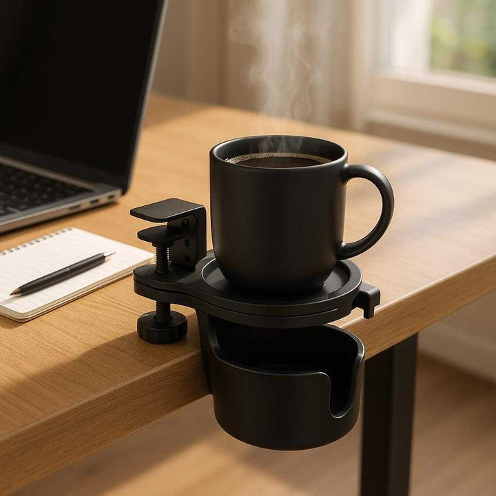 Bordkopholder i sort plast og metal - Justerbar og robust til sikker opbevaring af kopper og drikkevarer: A realistic home office setting where the cup holder is securely clamped to the edge of a wooden desk, holding a steaming mug of coffee.