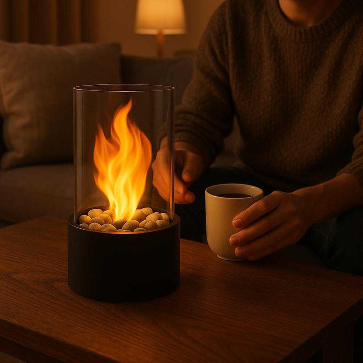 Bordpejs i Metal og Glas, Sikker Flammeeffekt, Bærbar - Rektangulær & Cylindrisk: A realistic living room setting where the metal and glass fireplace is properly grounded on a wooden coffee table, being actively used by a person sitting on a couch, with soft evening lighting casting realistic shadows and showing clear contact points where the base of the product meets the table's surface.