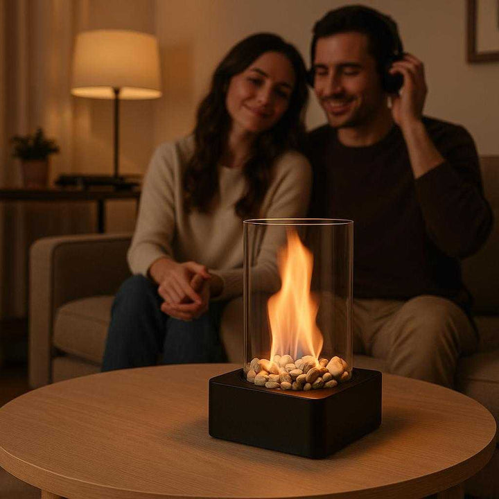 Bordpejs i moderne design med bioethanol - Tilgængelig i sort og hvid. The modern tabletop fireplace is elegantly placed on a chic coffee table in a sophisticated living room, casting a warm glow as a couple enjoys a cozy evening with soft music playing in the background.