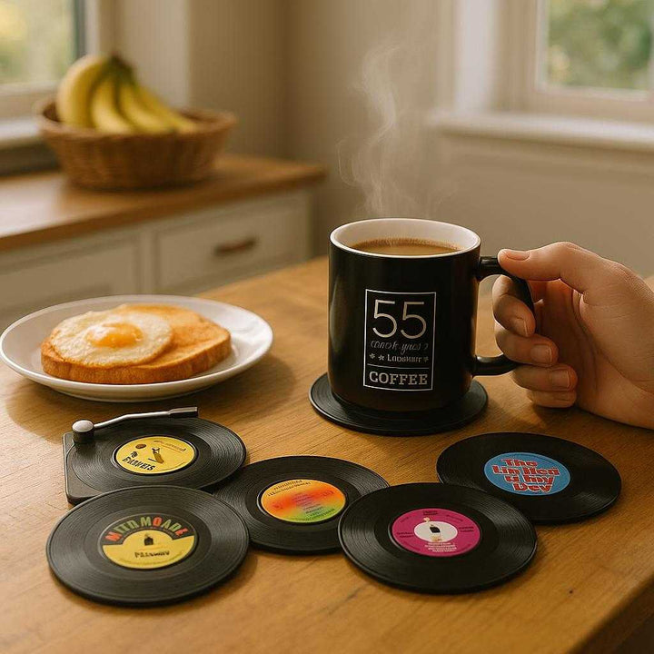 Bordskåner i vinyl-design: Retroinspireret, varmebeskyttende og dekorativ - Sæt med 6 stk: A realistic cozy kitchen setting where the vinyl-design coasters are properly grounded on a wooden kitchen table, being used to hold a steaming coffee mug beside a breakfast setup.