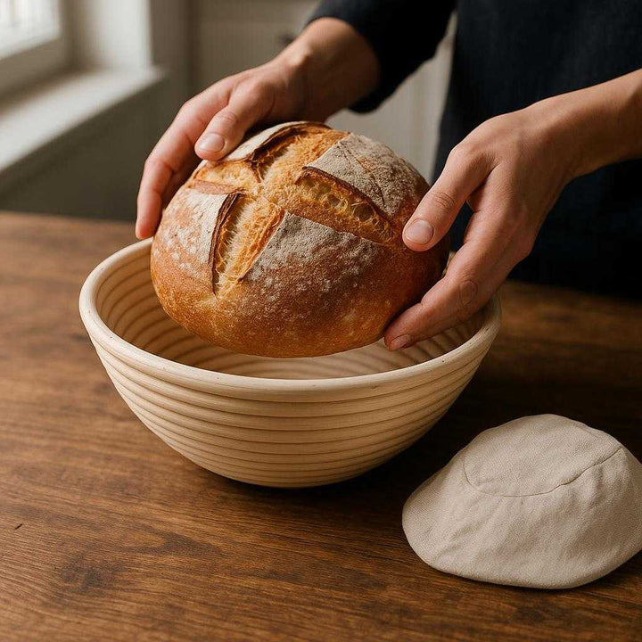 Brødkurv i Rattan - Håndflettet Serveringskurv til Brød og Bagværk med Naturligt Udtryk: A realistic kitchen setting where the Brødkurv i Rattan is properly grounded on a wooden table, being actively used to serve freshly baked bread.