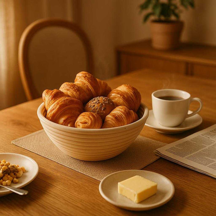Brødkurv i Rattan - Håndflettet Serveringskurv til Brød og Bagværk med Naturligt Udtryk: A different realistic dining room setting where the Brødkurv i Rattan is securely positioned on a dining table during breakfast.