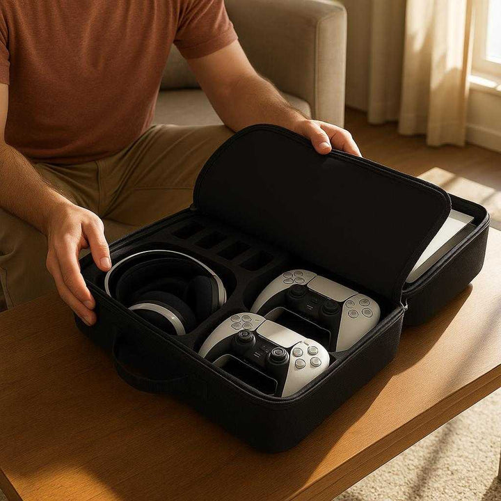 Bære taske i nylon og skumgummi til PS5 - Sortering, Grå - Høj kvalitet: A realistic living room setting where the nylon and foam case is properly grounded on a coffee table, being opened by a person's hands to reveal the organized PS5 components inside.