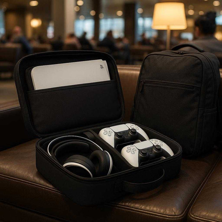 Bære taske i nylon og skumgummi til PS5 - Sortering, Grå - Høj kvalitet: A different realistic airport lounge setting where the case is securely positioned on a cushioned seat, naturally placed beside a traveling bag.