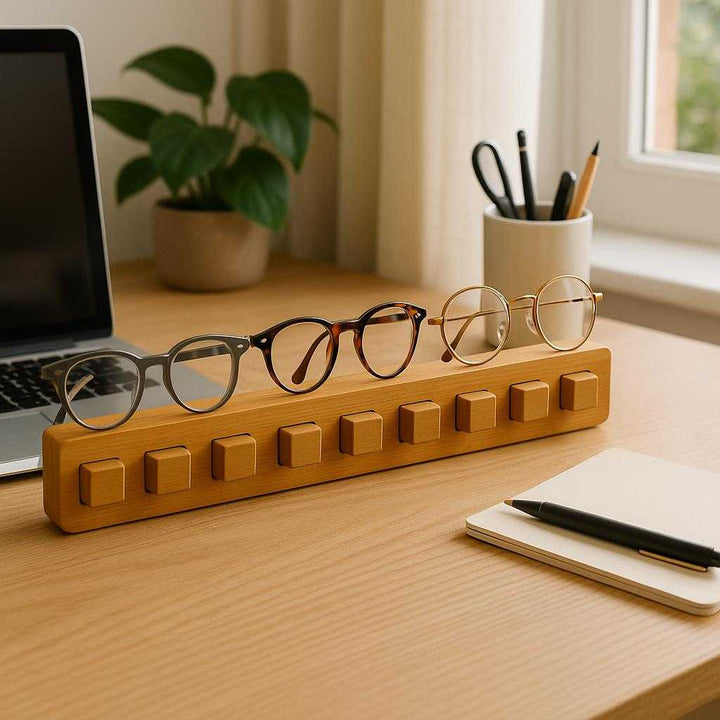 Brilleholder i Bambus - Naturlig Træfarve, Op til 8 Par Briller, Funktionel Opbevaring: A realistic home office setting where the brilleholder i bambus is properly grounded on a modern wooden desk, being actively used with various stylish glasses placed on its slots, complementing a laptop and stationary items.