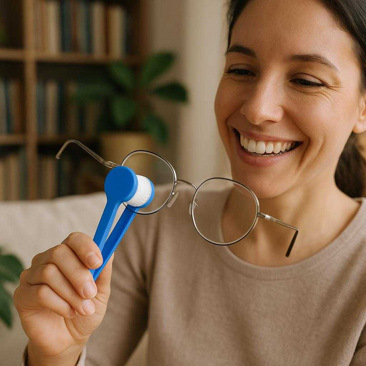 Brillerensebørste med dobbeltbørstehoved - Effektiv rengøring til alle briller i blå, grøn, orange og rød. The brush is in action, being used to clean a pair of glasses under soft, natural light, with a person smiling in satisfaction at their spotless lenses in a cozy reading nook filled with books and plants.