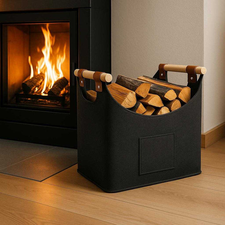 Brændekurv i Filtdesign - Eksklusiv og Robust Opbevaring i Mørkegrå med Læderdetaljer til Moderne Hjem. The stylish dark gray felt firewood basket is placed beside a modern fireplace, filled with logs ready for a cozy evening, while a fire crackles warmly in the background.
