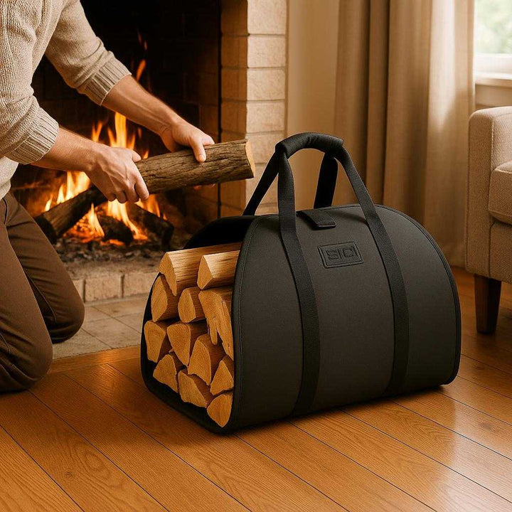 Brændetaske i Mørkegrå Lærred til Effektiv Brændetransport - Holdbar og Moderne: A realistic cozy living room with a fireplace, where the firewood bag in dark gray canvas is properly grounded on a wooden floor next to the hearth, being actively used by a person stacking logs into the fireplace.