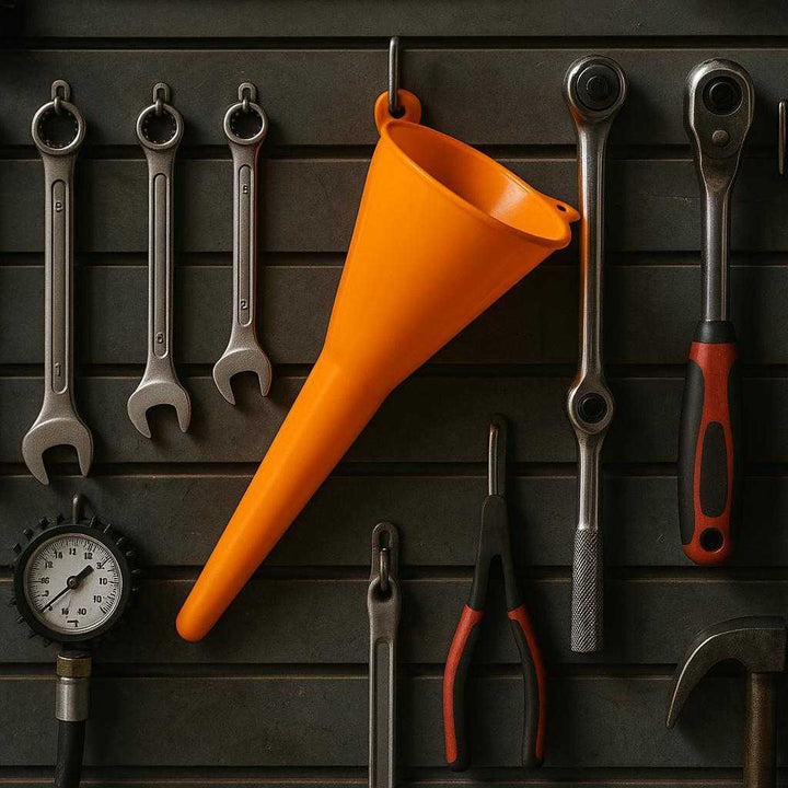 Brændstof Tragt med Lang Tud - Præcis, Drypfri, og Holdbar Plastikkonstruktion. The durable orange funnel is shown in a garage setting, neatly hanging on a tool rack beside various automotive tools, highlighting organized and efficient workspace maintenance.