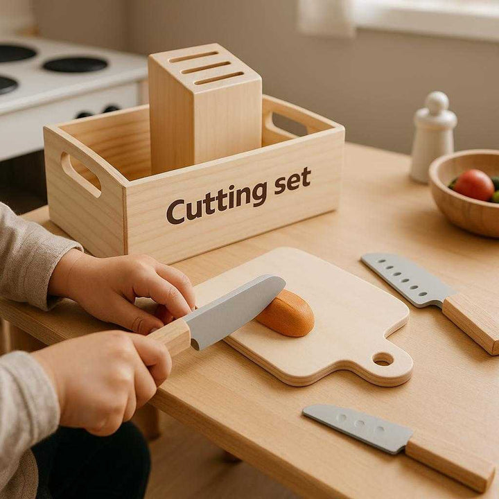Børnelegetøj i træ - Pædagogisk aktivitetslegetøj med farverige former og figurer i flere varianter: A realistic kitchen play area where the wooden cutting set is properly grounded on a child-sized play table, actively used by small hands as a child pretends to prepare a meal with the toy knives and cutting board.
