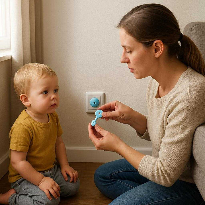 Børnesikret stikkontakt med magnetisk lås og dobbelt rotation - Sæt med 5 eller 10 stk i hvid: A realistic living room setting where the Børnesikret stikkontakt with a magnetic lock is properly grounded on a wall outlet, being actively used by a parent with a toddler nearby.