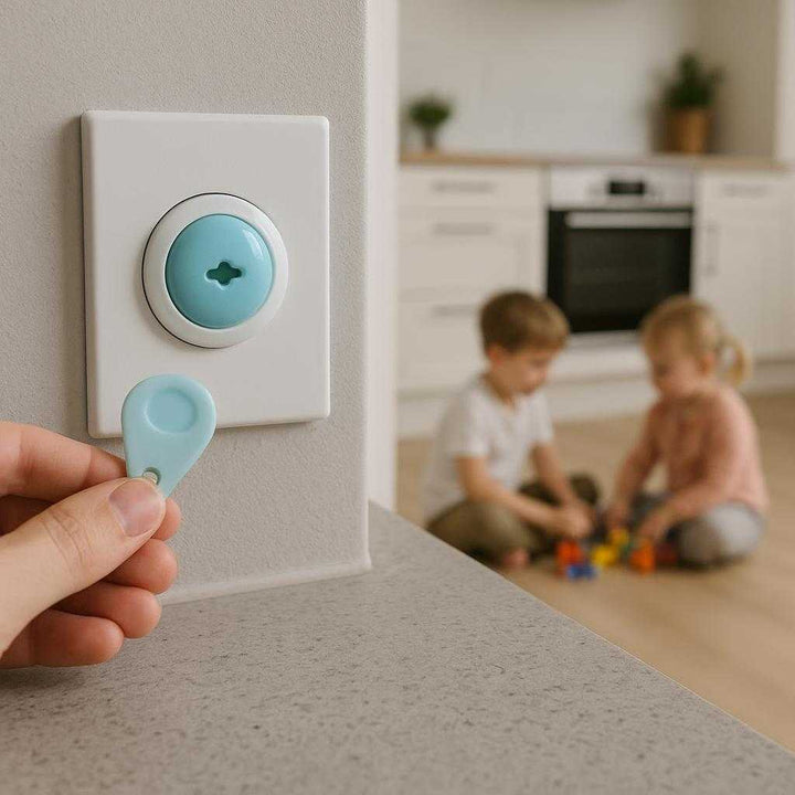 Børnesikret stikkontakt med magnetisk lås og dobbelt rotation - Sæt med 5 eller 10 stk i hvid: A different realistic kitchen setting where the Børnesikret stikkontakt is securely positioned on a counter-level outlet, covering it safely while children are playing on the floor in the background.