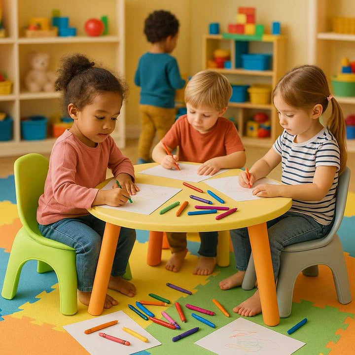 Børnestol i Grøn, Orange og Lysegrå - Stilfuld og Holdbar Plastik Stol til Børn. A vibrant playroom filled with kids playing, with the stylish and durable green, orange, and light gray children's chair being used for a colorful art activity at a small table, surrounded by scattered crayons and paper.