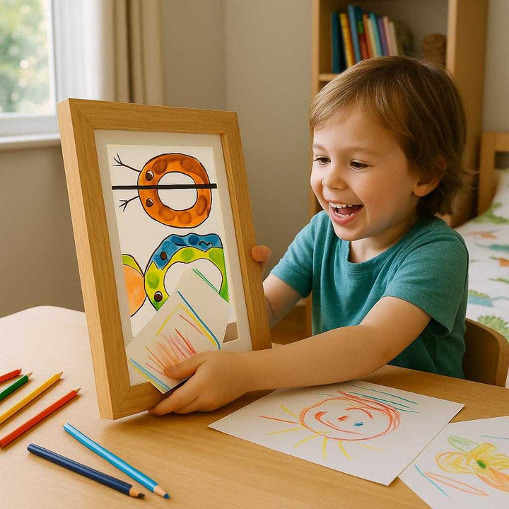 Børnetegningsramme i moderne design - Tilgængelig i Beige, Sort og Hvid: A realistic children's bedroom setting where the product is properly grounded on a wooden desk, being actively used by a child who is enthusiastically inserting their new artwork into the frame.
