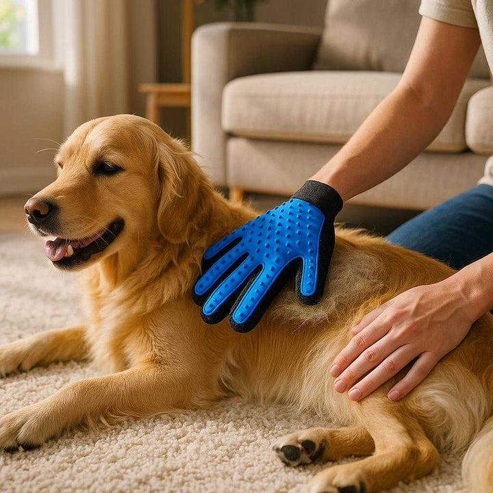 Børstehandske til hunde - Effektiv pelsfjerning og blid massage i blå og lyserød: A realistic home living room setting where the product is properly grounded on a soft, plush rug, being actively used by a person gently massaging a golden retriever.
