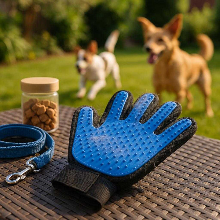 Børstehandske til hunde - Effektiv pelsfjerning og blid massage i blå og lyserød: A different realistic garden or backyard setting where the product is securely positioned on an outdoor patio table, next to a dog leash and a small container of dog treats.