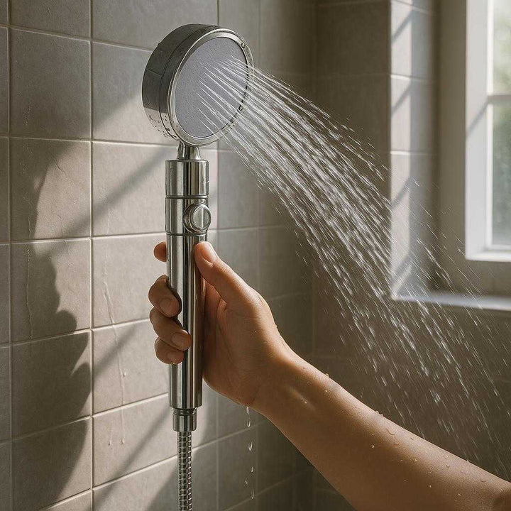 Brusehoved Med Højt Tryk - Professionelt Design med Filter og Slange - Høj Kvalitet Design: A realistic modern bathroom setting where the shower head is properly grounded on a tiled shower wall, being actively used by a person with water flowing from the nozzle, highlighting the high-pressure feature.
