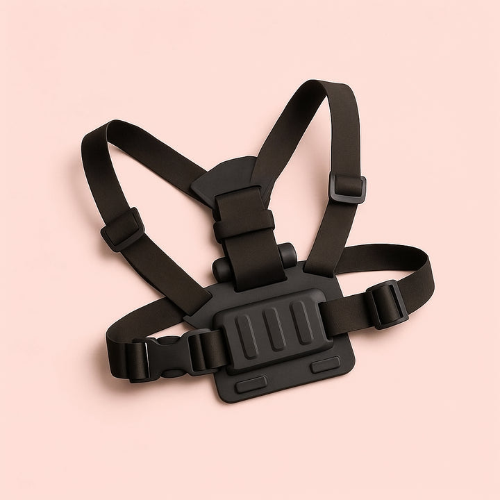 Enhanced Brystsele med Mobilholder - Justerbar og Robust til Aktiv Livsstil, Sort. The harness is displayed on a sleek, minimalist work desk, surrounded by tech gadgets and a steaming coffee cup, highlighting its versatility for both active outdoor adventures and urban everyday use.