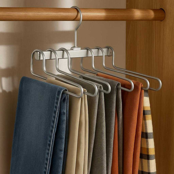 Bukseholder i Stål – Pladsbesparende og Multifunktionel Bøjle til Tøjorganisering: A realistic bedroom closet setting where the product is properly grounded on a closet rod, being actively used to organize a variety of pants and scarves, with natural lighting casting realistic shadows and showing clear contact points where the product's hooks wrap securely around the rod.
