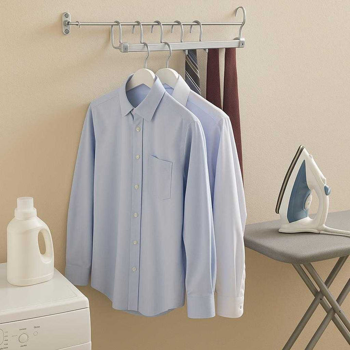 Bukseholder i Stål – Pladsbesparende og Multifunktionel Bøjle til Tøjorganisering: A different realistic laundry room setting where the product is securely positioned on a wall-mounted rack, being used to hang freshly ironed shirts and ties in a believable way, with proper physics, shadows, and realistic integration into the environment, complemented by the presence of a nearby ironing board and laundry supplies.