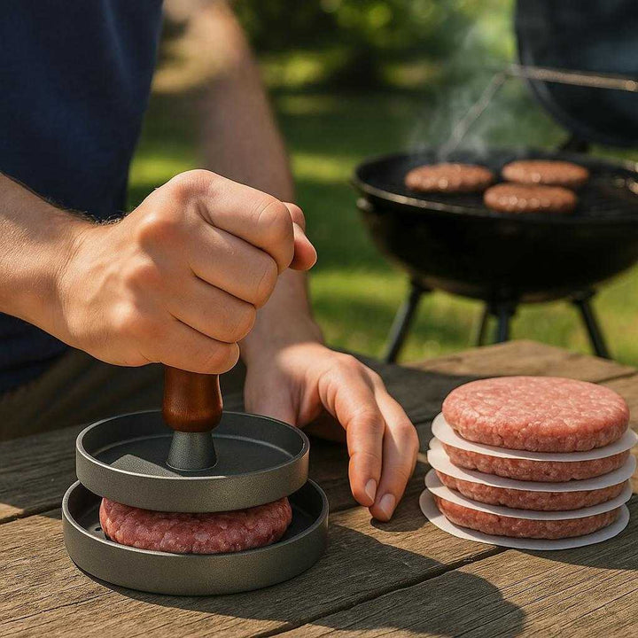 Burgerpresser i aluminium og træ - Skab perfekte, ensartede burgere hver gang: A different realistic outdoor barbecue scene where the burger press is securely positioned on a picnic table, with a person pressing a burger patty while a grill sizzles in the background.