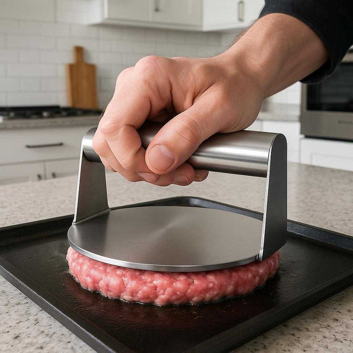 Burgerpresser i Rustfrit Stål - Perfekt til Saftige og Ensartede Bøffer: A realistic modern kitchen where the burger press is properly grounded on a kitchen counter, being actively used by a person pressing down on a raw burger patty on a sizzling griddle, with natural lighting casting realistic shadows and showing clear contact points where the product touches the counter and burger.