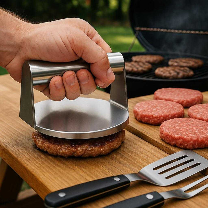 Burgerpresser i Rustfrit Stål - Perfekt til Saftige og Ensartede Bøffer: A different realistic backyard barbecue setting where the burger press is securely positioned on a picnic table, naturally placed next to a barbecue grill alongside freshly made burger patties and grilling tools, with proper physics, shadows, and realistic integration into the outdoor environment.