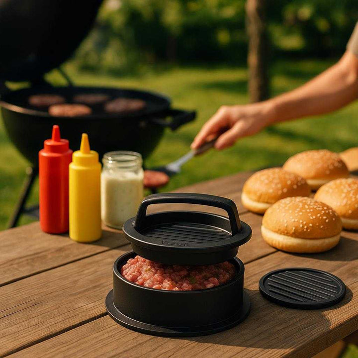 Burgerpresser Med Fyld - Professionel Høj Kvalitet til Fyldte Burgerbøffer Hjemme: A different realistic outdoor barbecue setting where the burger presser is securely positioned on a picnic table, filled with a mixture of minced meat and stuffing.