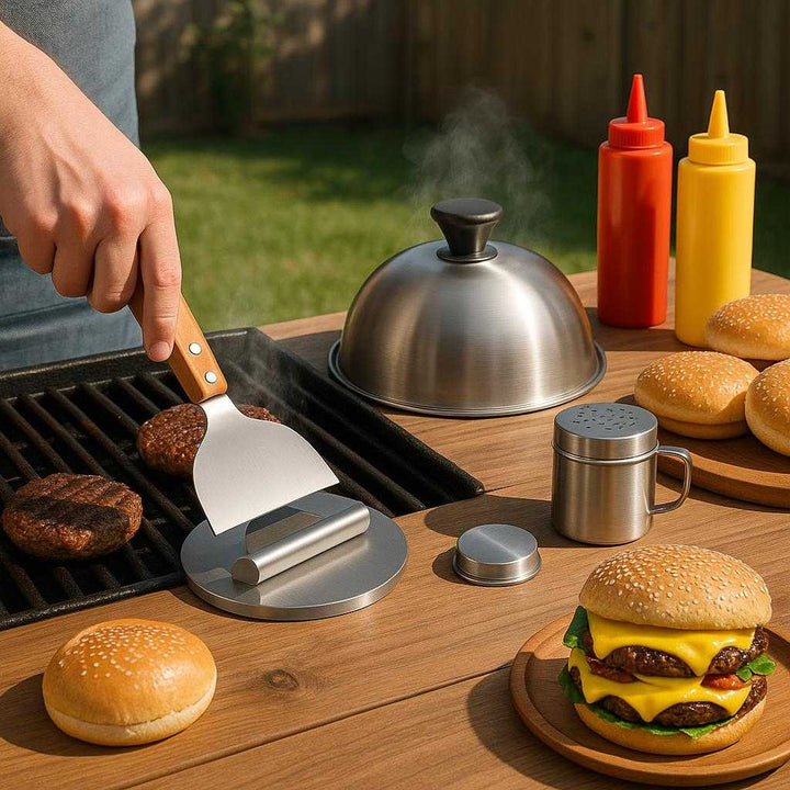 Burgerpressesæt i Rustfrit Stål, Træ og metal - 4-delt Sæt med Små Grydelåg: A realistic backyard barbecue setting where the Stainless Steel Burger Press Set is properly grounded on a wooden picnic table.