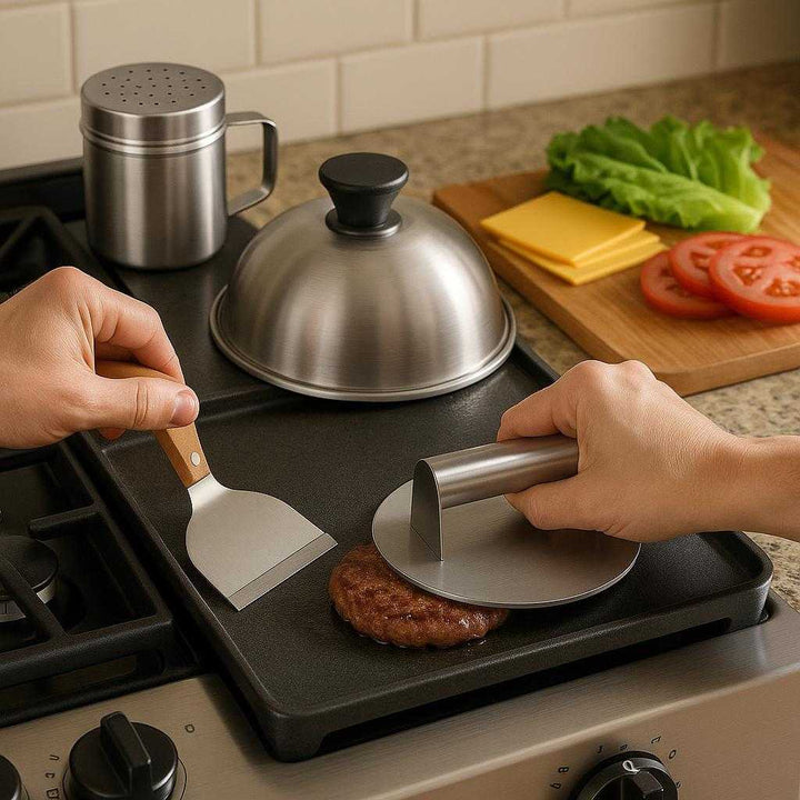 Burgerpressesæt i Rustfrit Stål, Træ og metal - 4-delt Sæt med Små Grydelåg: A different realistic kitchen setting where the Burger Press Set is securely positioned on a kitchen counter next to a stovetop griddle.