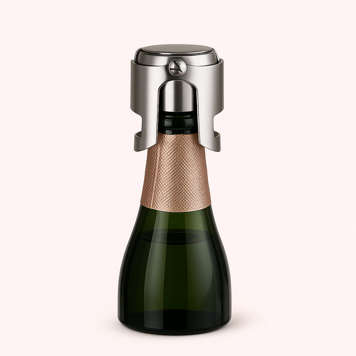 Enhanced Champagneprop i Rustfrit Stål - Elegant og Funktionel Design med Høj Kvalitet til Champagneoplevelser. At an elegant dinner party, the stainless steel champagne stopper securely seals a partially filled champagne bottle, surrounded by elegantly set tables and guests toasting with glasses of bubbly.