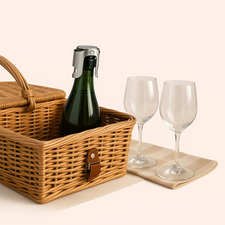 Enhanced Champagneprop i Rustfrit Stål - Elegant og Funktionel Design med Høj Kvalitet til Champagneoplevelser. In a cozy outdoor picnic setup, the stainless steel champagne stopper keeps a bottle fresh, nestled in a chic basket with wine glasses, amidst a scenic vineyard landscape.